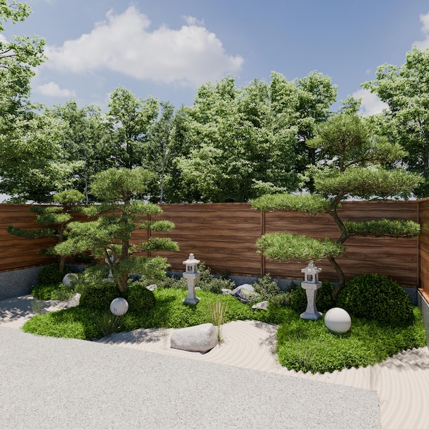Spokojny japoński ogród zen z drzewami bonsai i kamiennymi latarniami