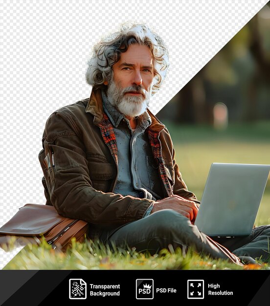PSD spokojny, przemyślany, dojrzały kaukazyjski mężczyzna z laptopem siedzący na trawie i wpatrujący się w odległość.