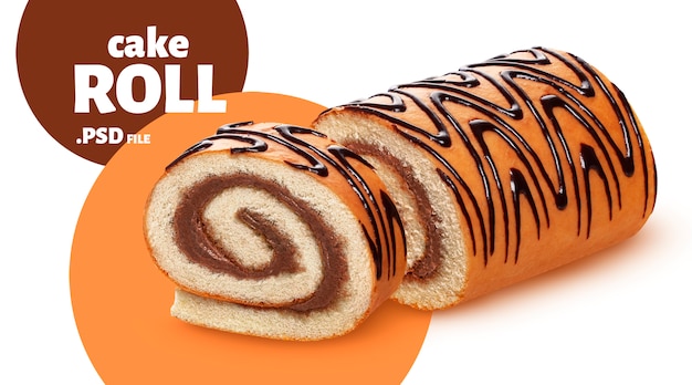 Sponge cake roll, swiss roll with chocolate cream