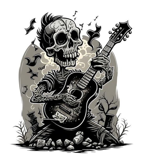 PSD spookschedel die gitaar speelt geschikt voor printontwerpen zoals t-shirts, stickers enz