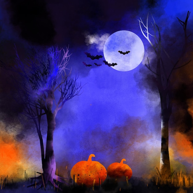 Spooky bos van Halloween Misty mysterie Helloween waterverf achtergrond Bat maan boom nacht