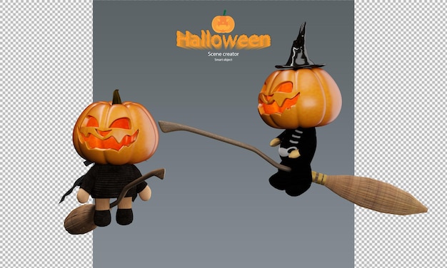 PSD spooky and cute halloween pumpkin doll character on flying broom