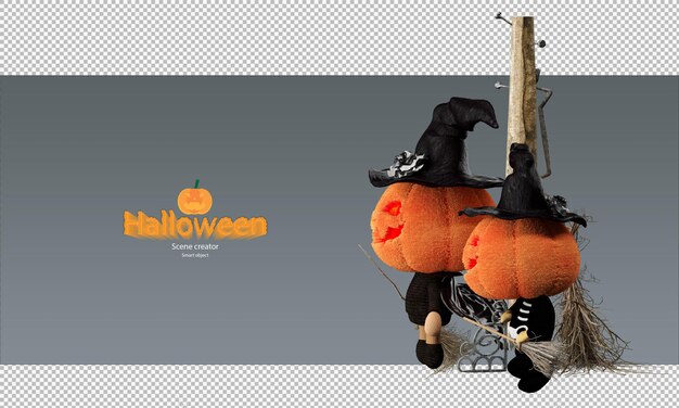 PSD spooky and cute halloween pumpkin dolls character wearing witch hat and holding flying broom