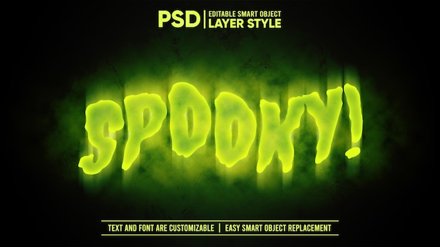 PSD testo incandescente verde spettrale di halloween con effetto di testo modificabile fumo mockup di stile di livello oggetto intelligente