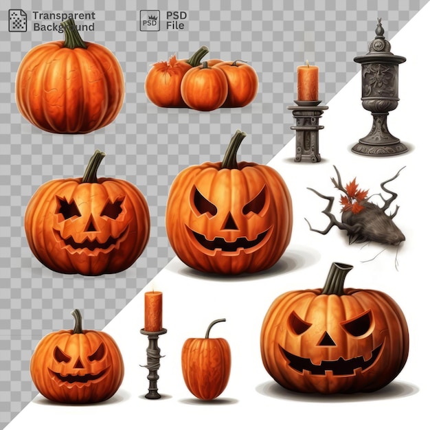 PSD spooky halloween pompoenen en vleermuizen object geïsoleerd transparante achtergrond