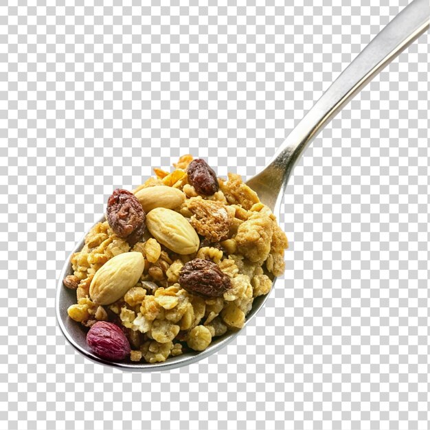 PSD spoon with granola and nuts isolated on transparent background