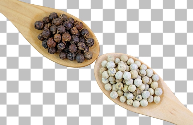 PSD spoons of white peppercorns and black peppercorns on transparent background