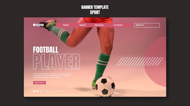 Шаблон спортивного баннера с фотографией женщины, играющей в футбол