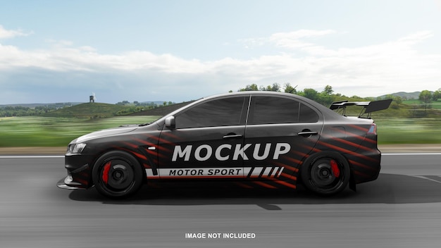 PSD sport car mockup high speed driving on the road