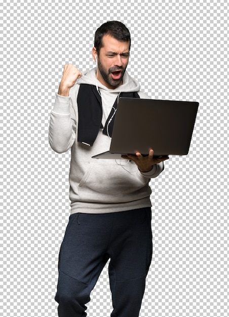 PSD sport man showing a laptop