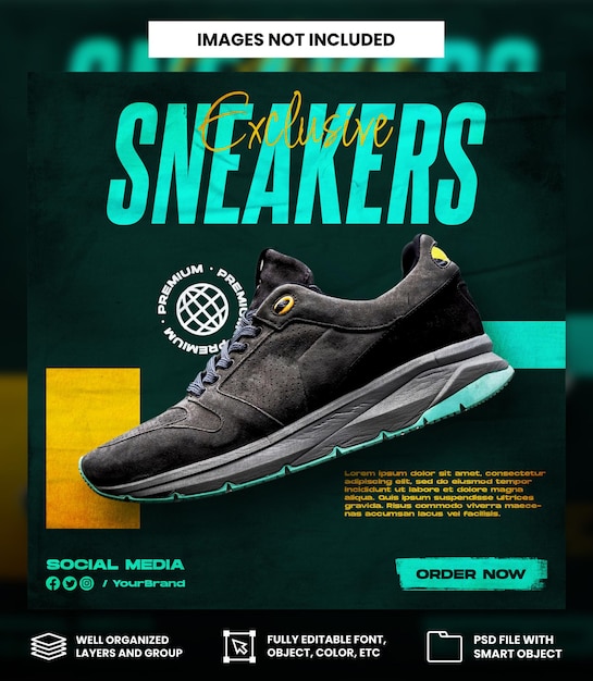 Vendita di scarpe sportive per post sui social media instagram o design del modello di banner quadrato