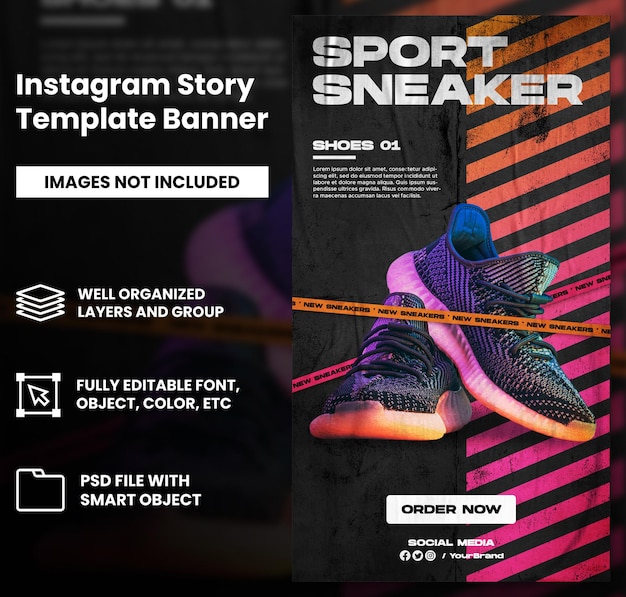 PSD vendita di scarpe sportive per la progettazione di modelli di post e storie di instagram sui social media