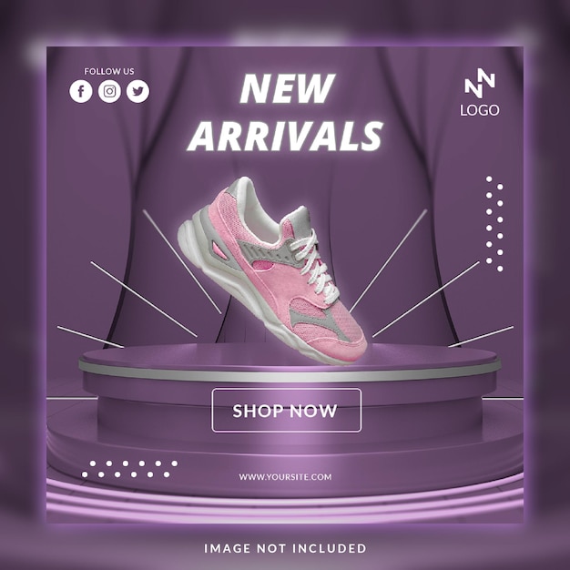 Sport shoes social media post template with 3d render podium background