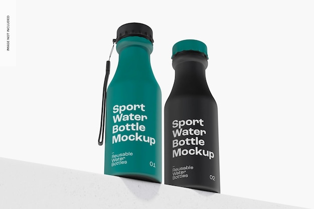 Mockup di bottiglie d'acqua sportive, vista ad angolo basso