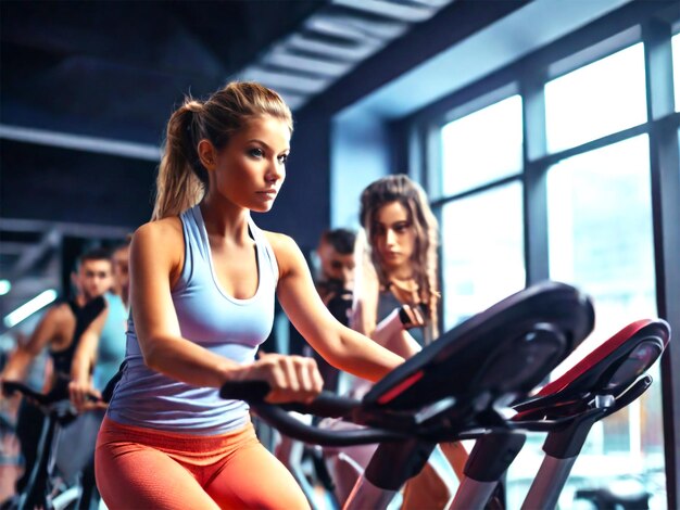 PSD sportblonde vrouw in sportkleding die traint in een sportschool.