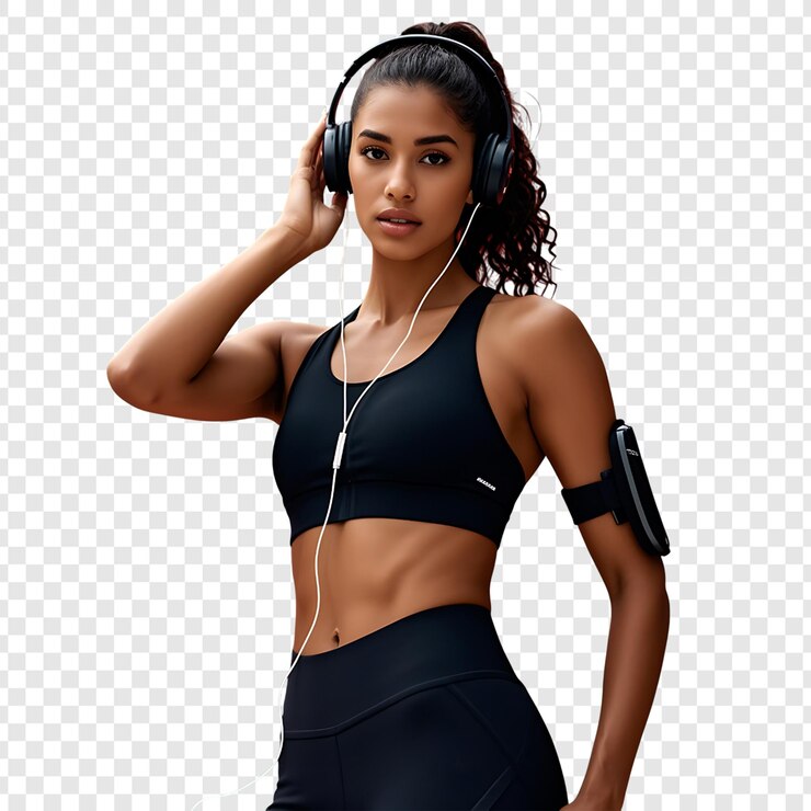 PSD a sportive woman in headphones isolated on a transparent background