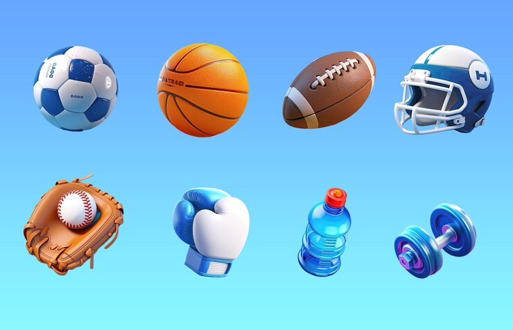 PSD sportowe ikony 3d, w tym piłka nożna, piłka nożna rugby, rękawice baseballowe i rękawice bokserskie