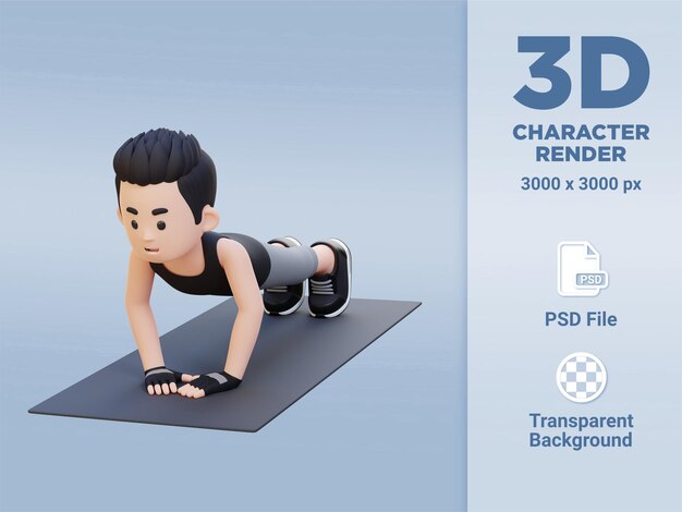 PSD sportowy męski charakter 3d wykonujący ćwiczenia push up z ciasnym uchwytem w domowej siłowni
