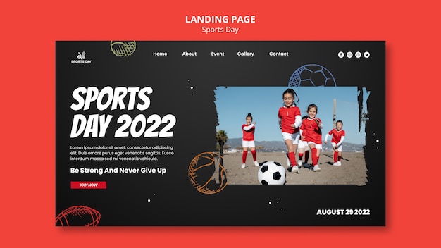 Sports day landing page template with hand drawn balls