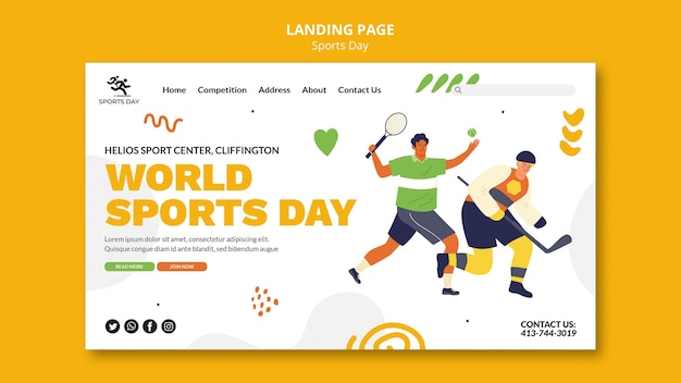 Sports landing page template with people playing sports