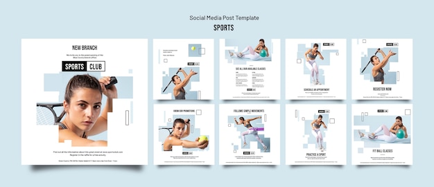 PSD collezione di post instagram di allenamento sportivo con forme geometriche ritagliate