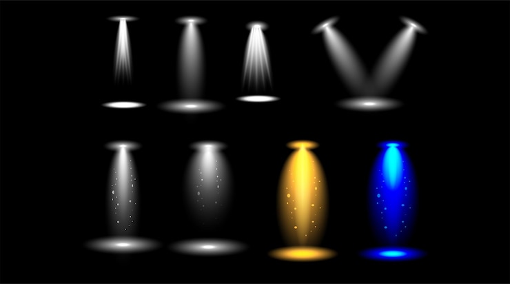 PSD spotlight vector set stage light effects in white yellow and blue on black background