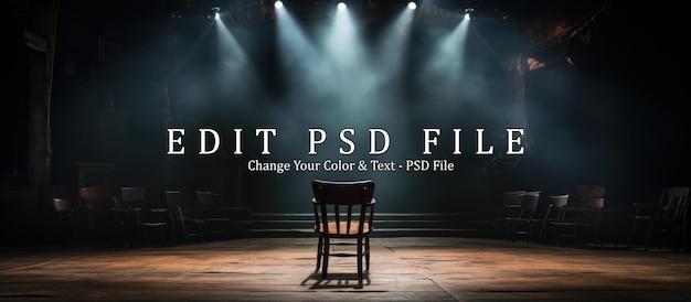 PSD spotlights illuminate empty stage with chair in dark