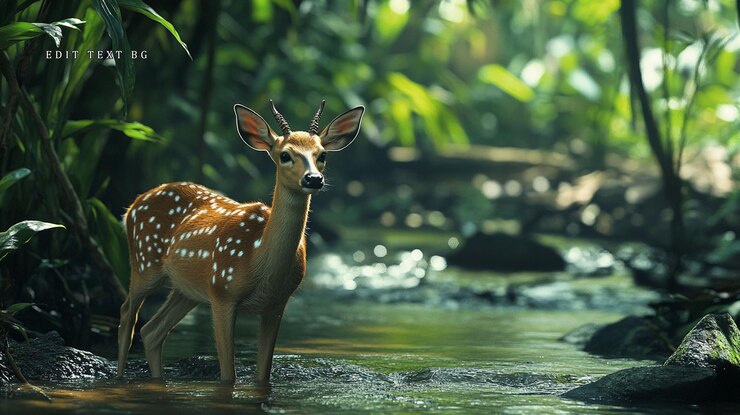 PSD spotted deer fawn standing in shallow stream in lush green jungle