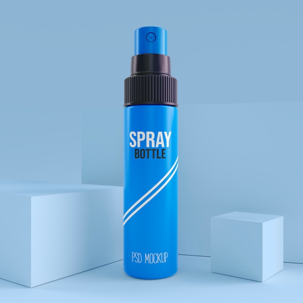 Spray bottle cosmetic mockup on blue stage 3d