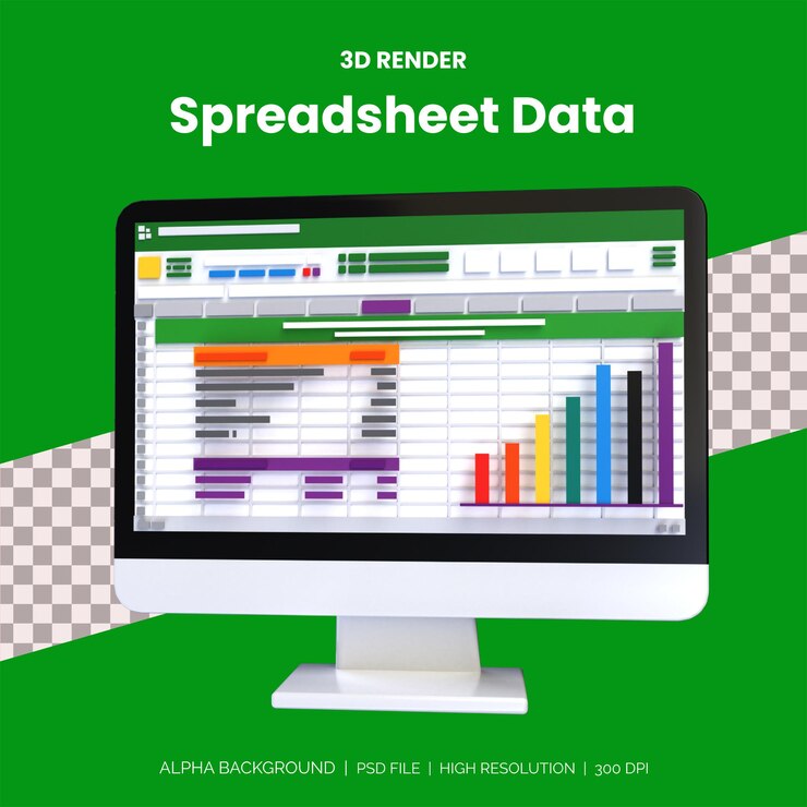 PSD spreadsheet on computer screen, 3d render. financial accounting report