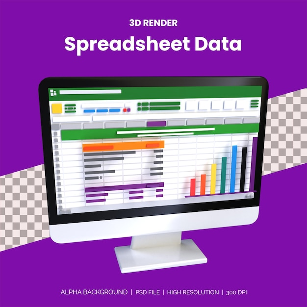 PSD spreadsheet op computerscherm, 3d render. financieel boekhoudkundig rapport