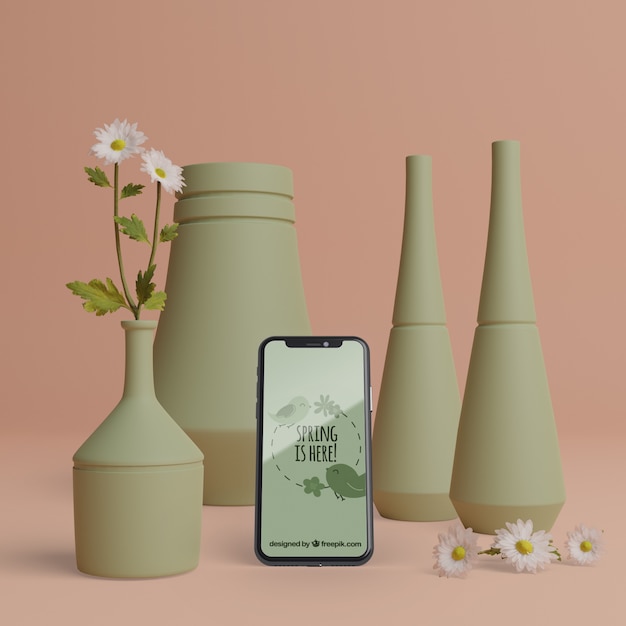 PSD decorazioni primaverili 3d con cellulare e mock-up