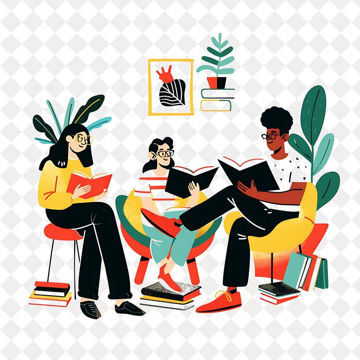PSD spring book club with characters discussing books design is png festival 2d flat art illustrations