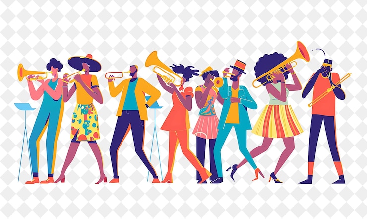 PSD spring brass band performance with characters playing in a b png festival 2d flat art illustrations