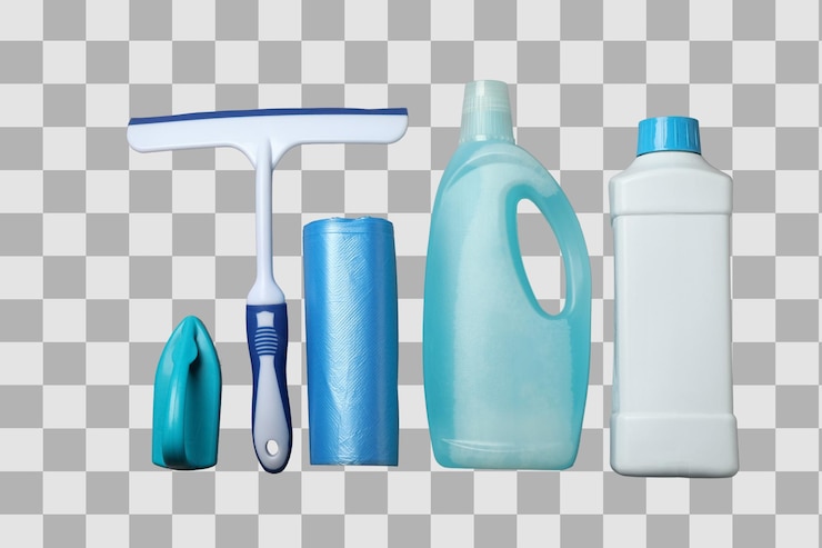 PSD spring cleaning detergent bottles garbage bags brush and glass cleaner isolated on a white background top view png