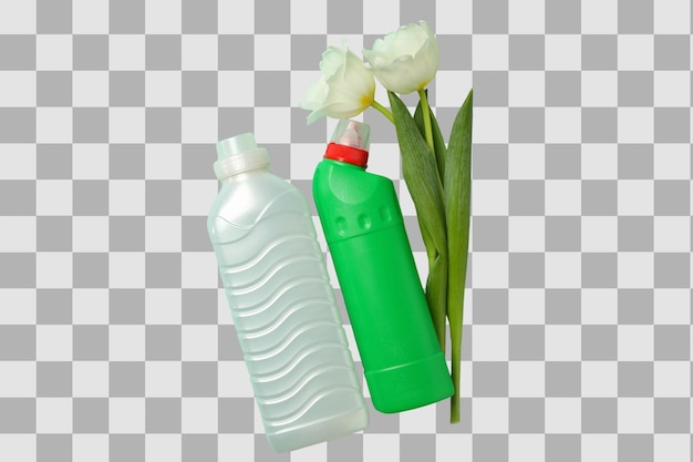Spring cleaning tulips and household chemicals isolated on a white background top view PNG