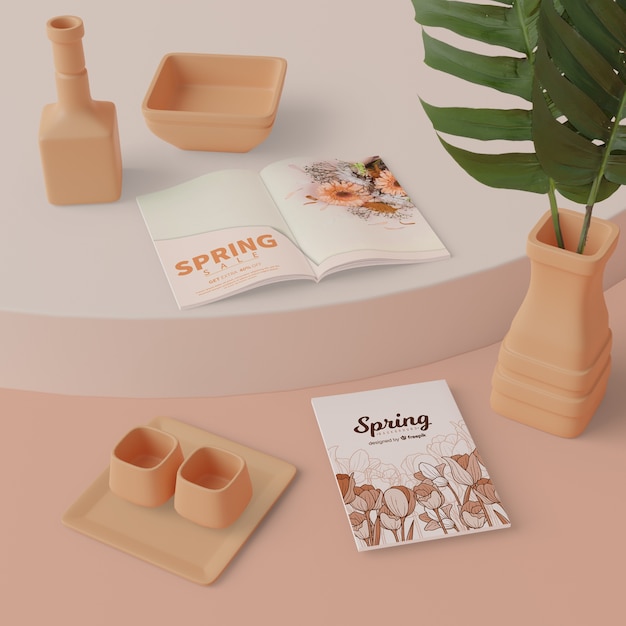 PSD spring decorations with card on table mock up