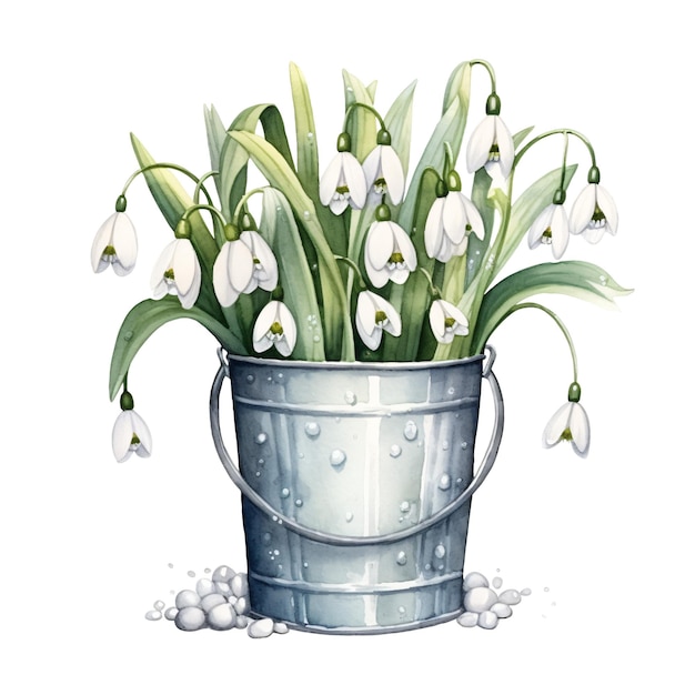 Spring flowers in metal pail illustration