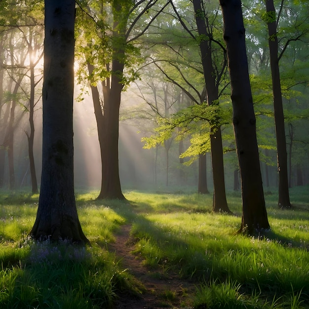 PSD paesaggio forestale primaverile con foglie colorate alberi e erba al mattino