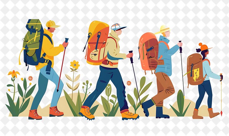 PSD spring hiking trip with hikers exploring the great outdoors png festival 2d flat art illustrations