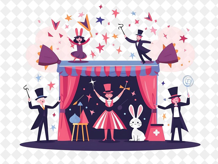 PSD spring magic show with magicians performing on stage design png festival 2d flat art illustrations