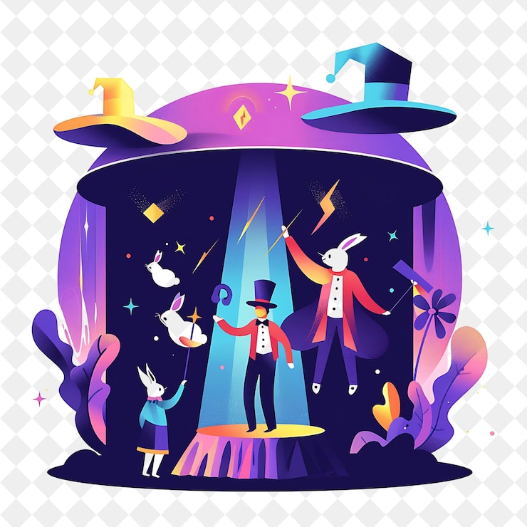 PSD spring magic show with magicians performing on stage design png festival 2d flat art illustrations
