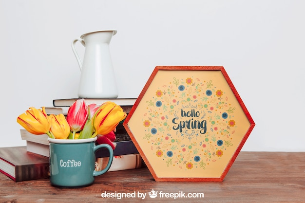 PSD spring mockup met frame en beker