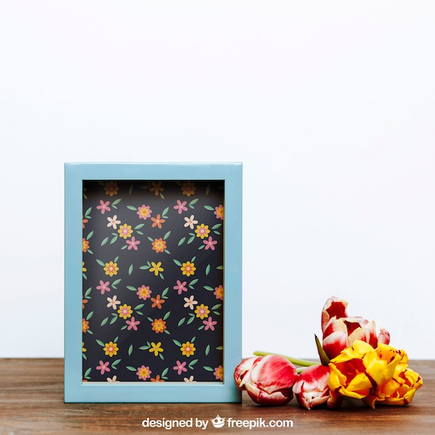 PSD spring mockup with blue frame of flowers