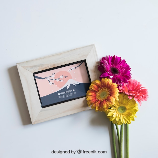 PSD spring mockup with flowers on frame