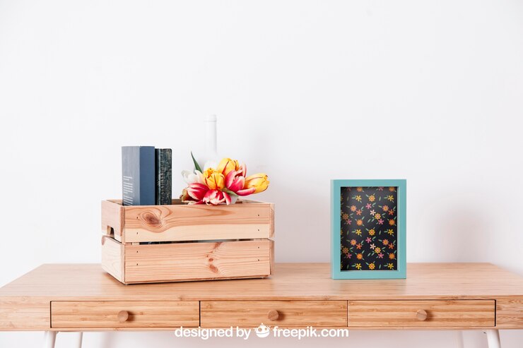 PSD spring mockup with frame next to box