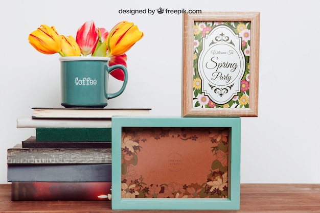 PSD spring mockup con cornici e libri