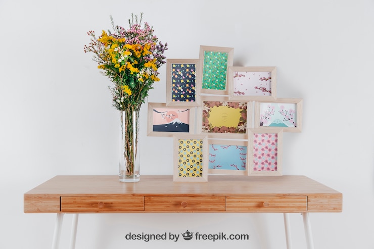 PSD spring mockup with frameset and vase of flowers over table