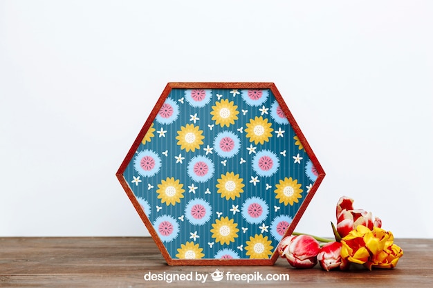 PSD spring mockup with hexagonal frame of flowers