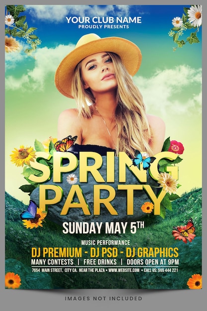 PSD spring party celebration or festival flyer or for social media post template